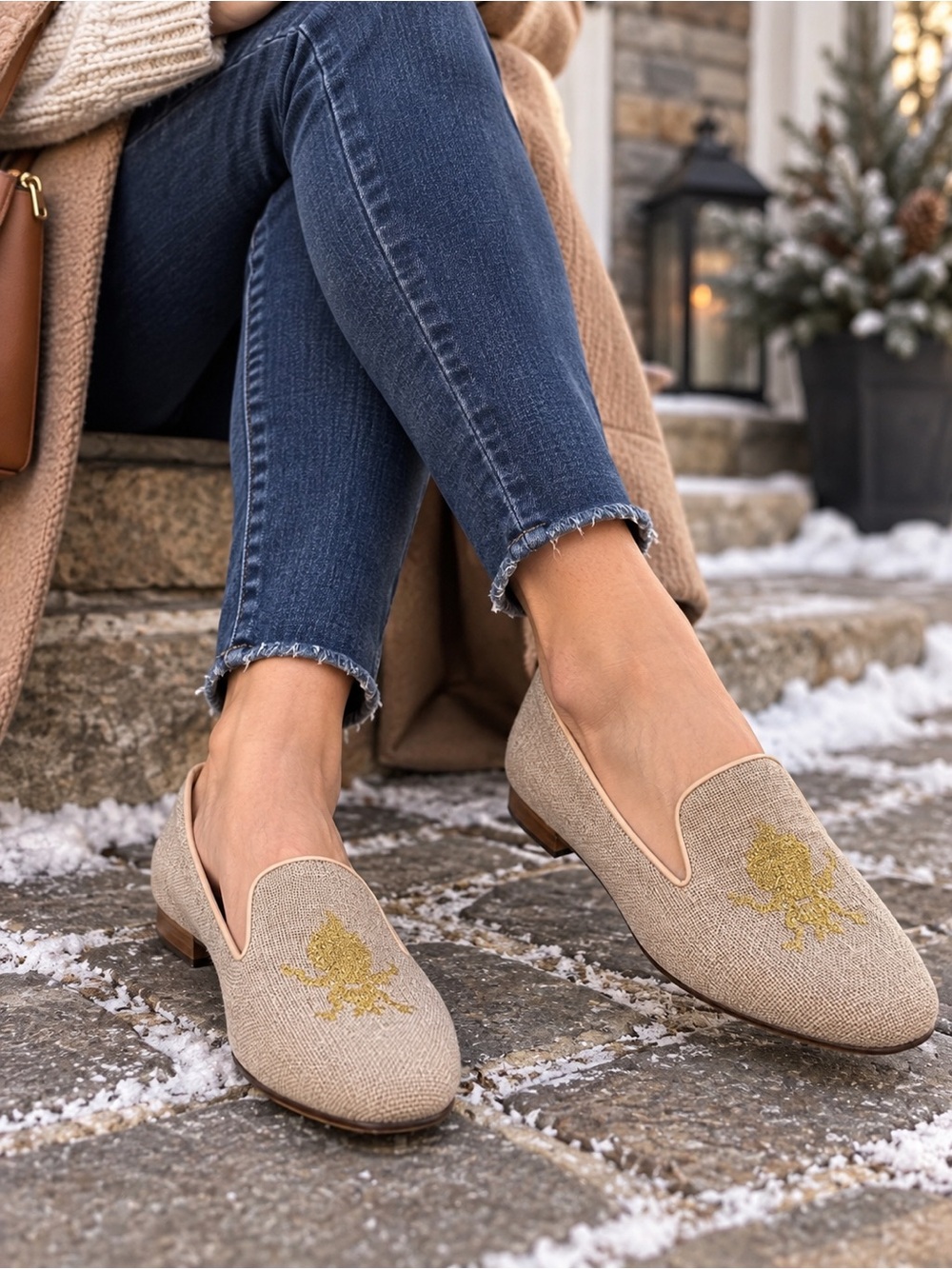 Jon Josef Beige Embroidered Slip-On Loafers for Women Sz 10